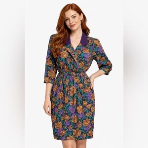 Vintage 1980s Tareti Petites by Howard Levi Floral Dress Purple Gold Botanical